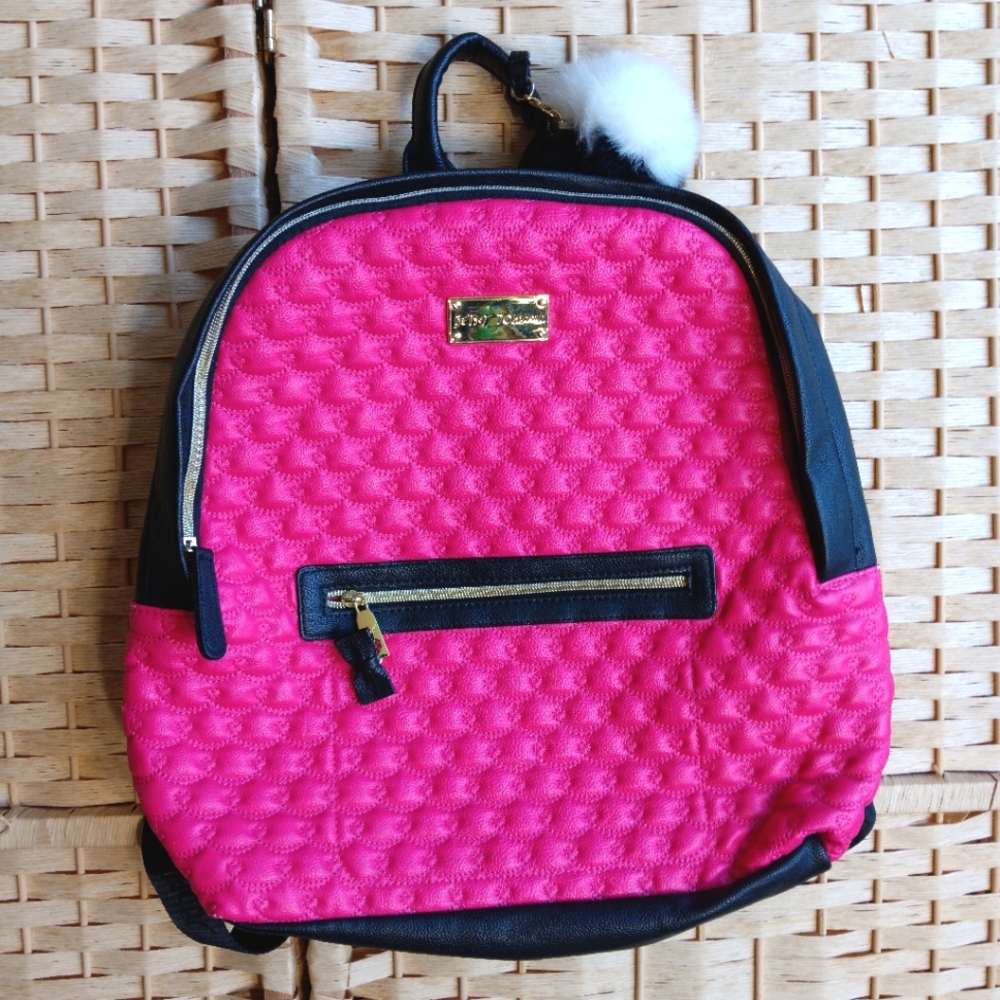 Betsey Johnson Hot Pink Quilted Faux Leather Backpack Pom Pom Bow Zipper